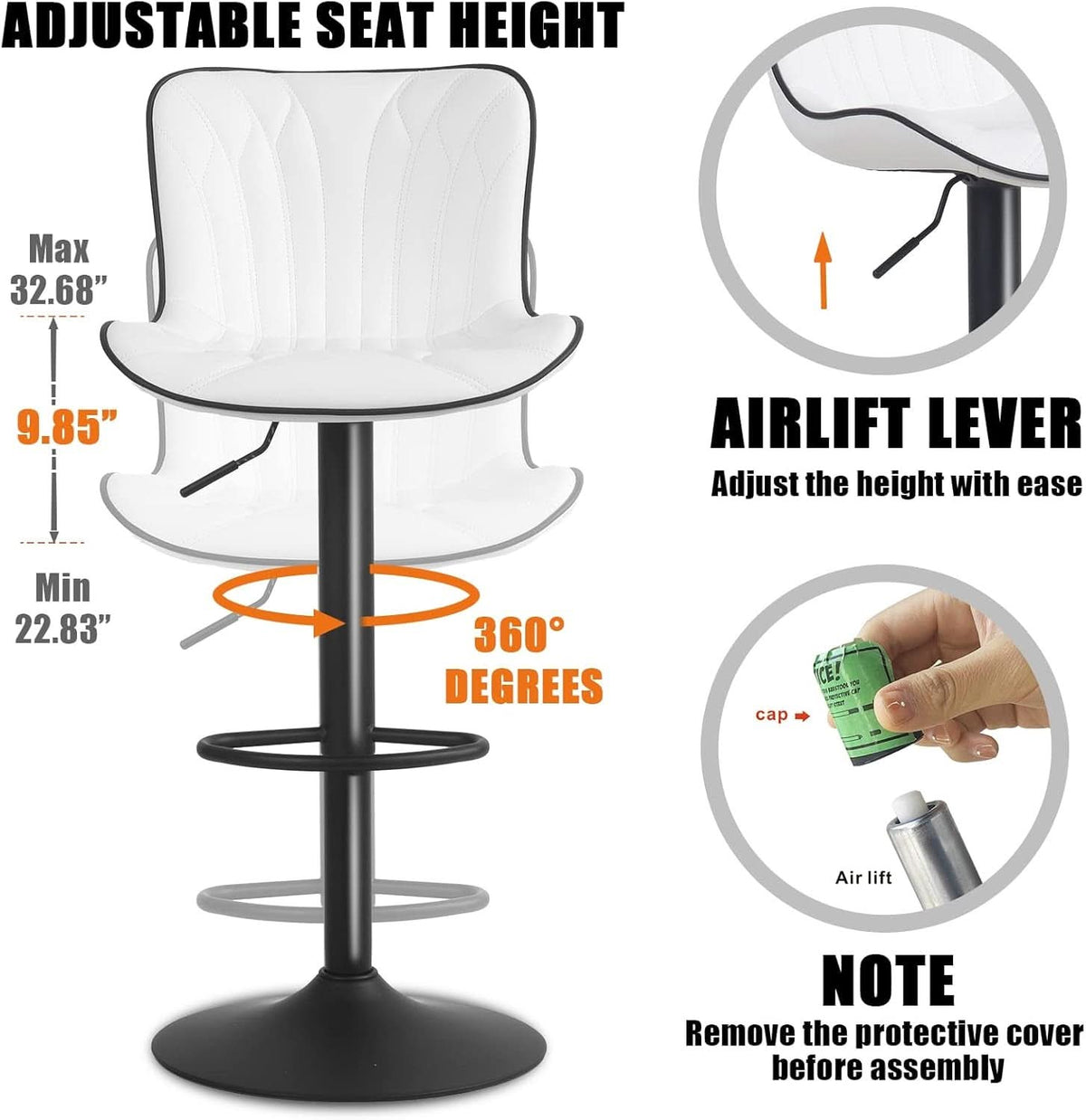 White Bar Stool Set Of 2 Counter Height Swivel With Back Faux Leather