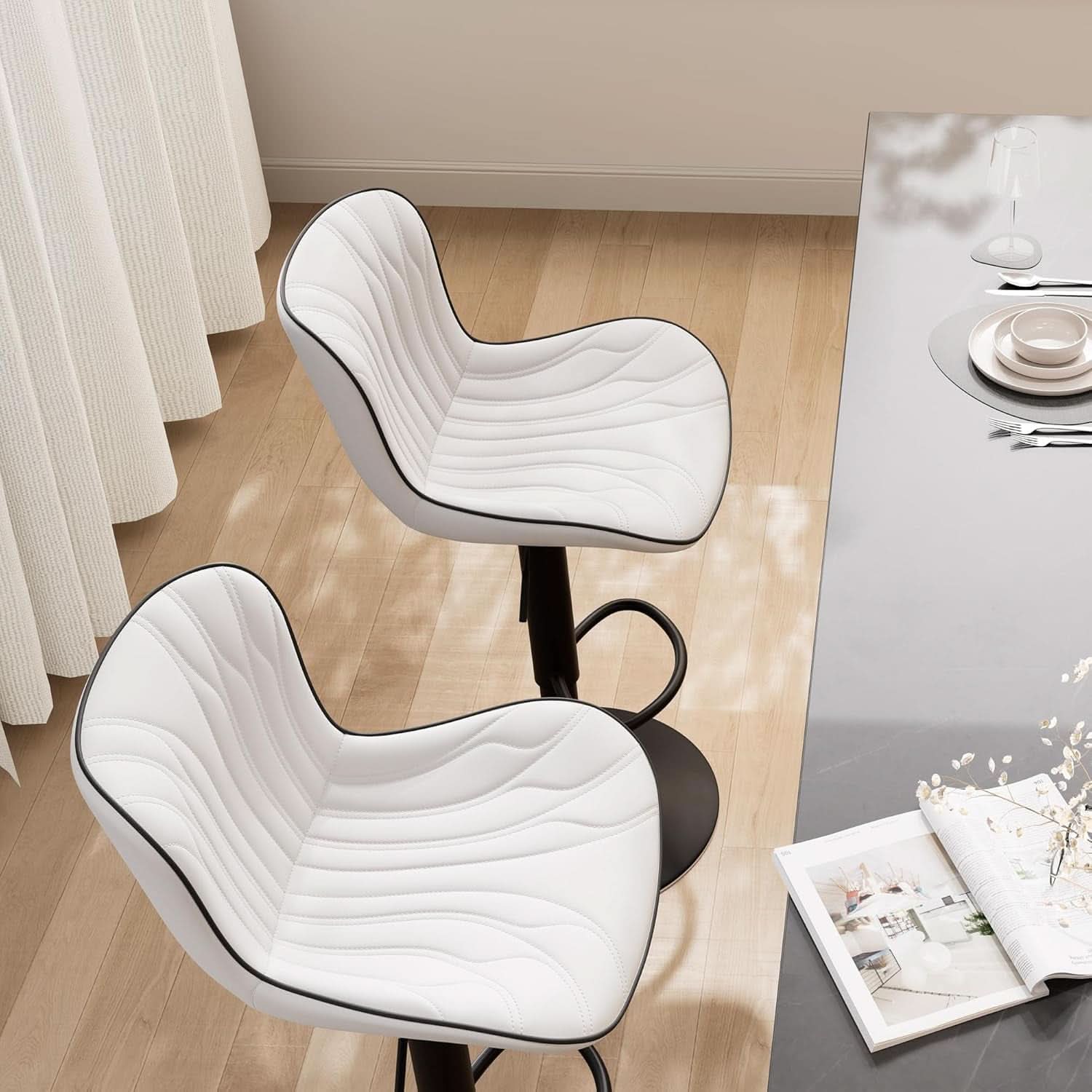 White Bar Stool Set Of 2 Counter Height Swivel With Back Faux Leather