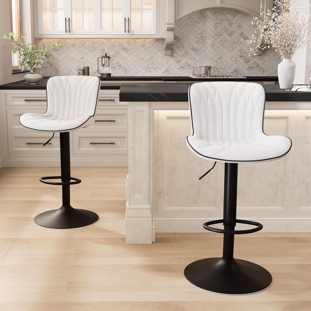 White Bar Stool Set Of 2 Counter Height Swivel With Back Faux Leather