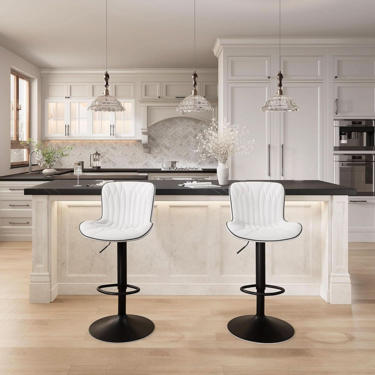 White Bar Stool Set Of 2 Counter Height Swivel With Back Faux Leather
