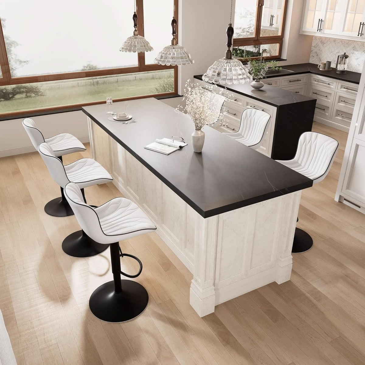 White Bar Stool Set Of 2 Counter Height Swivel With Back Faux Leather