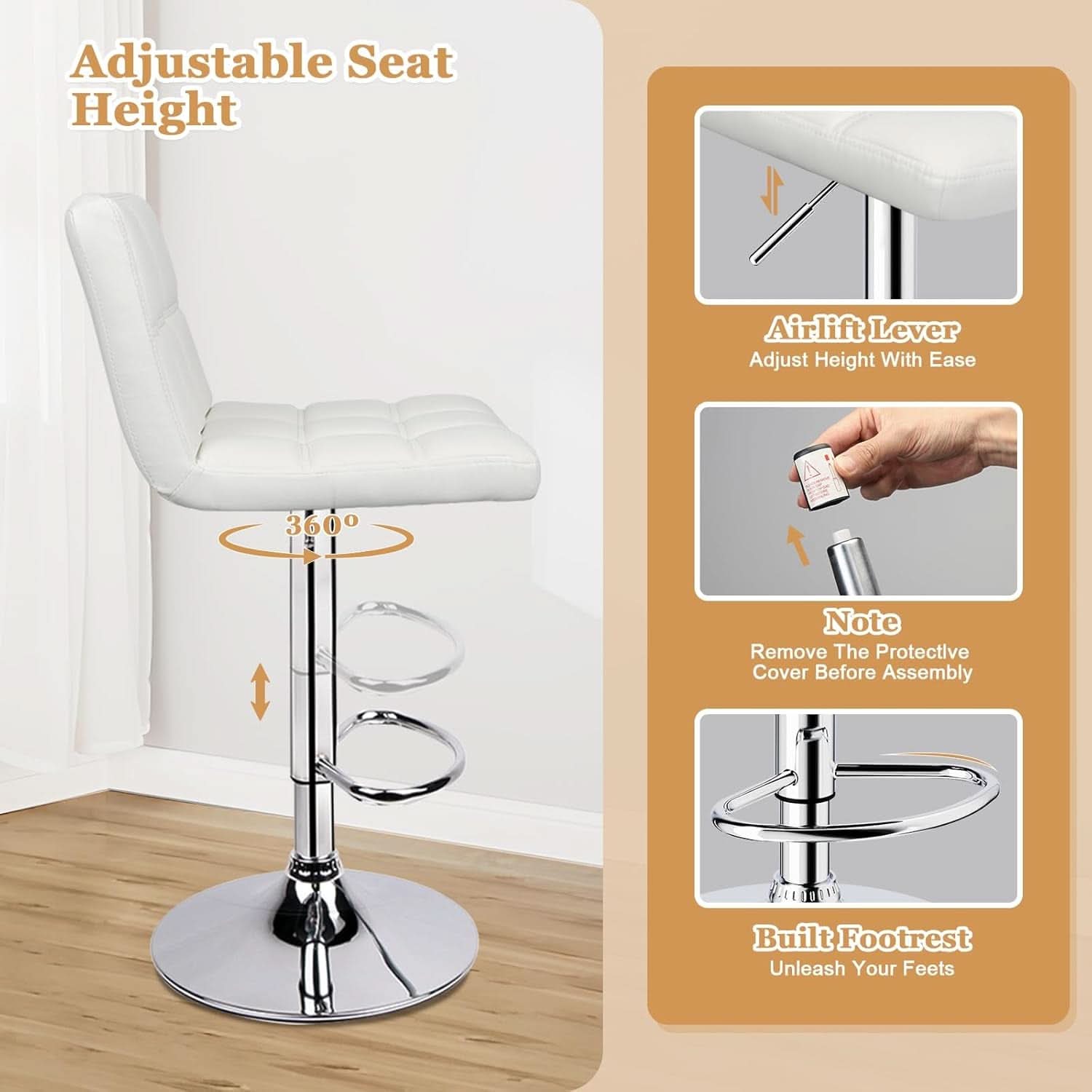 White Bar Stools Set Of 2 Armless Adjustable Swivel
