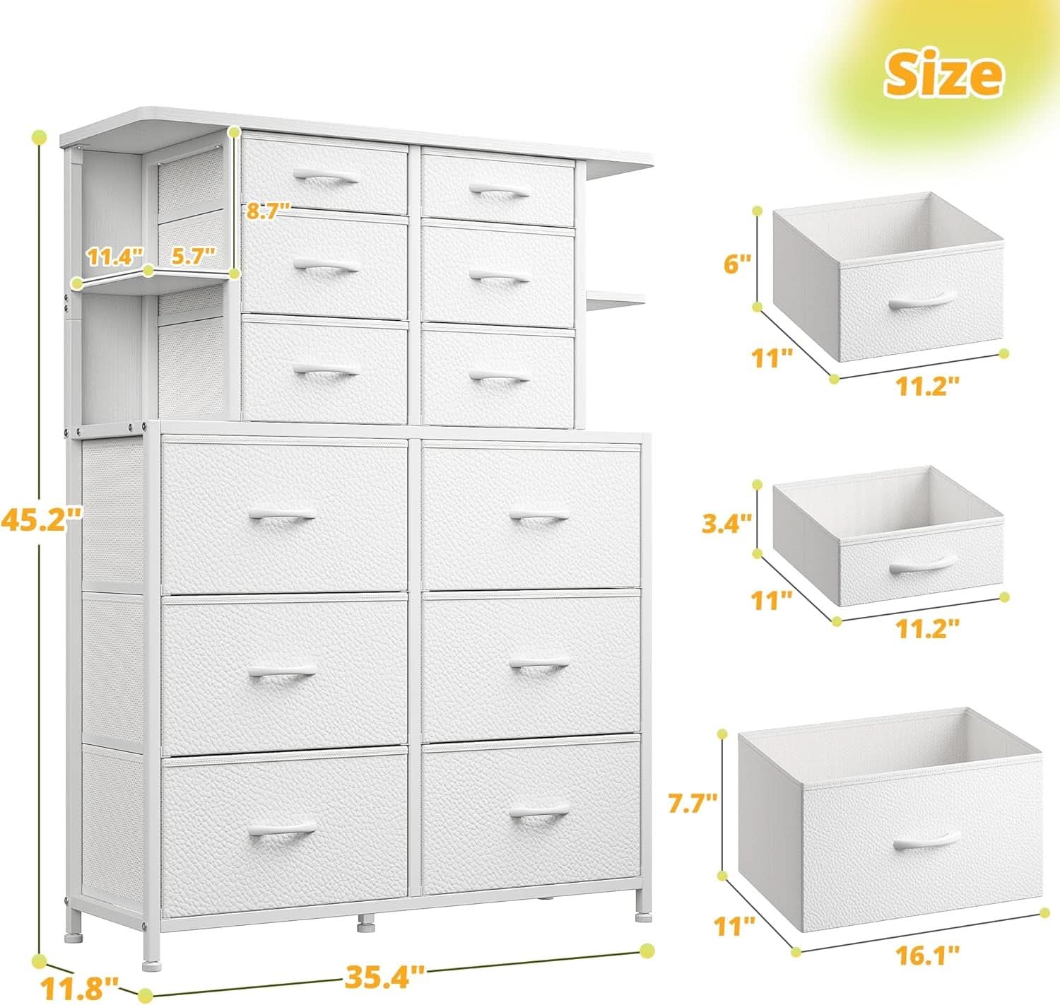 White Bedroom Dresser With LED Lights And 12 Deep Drawers