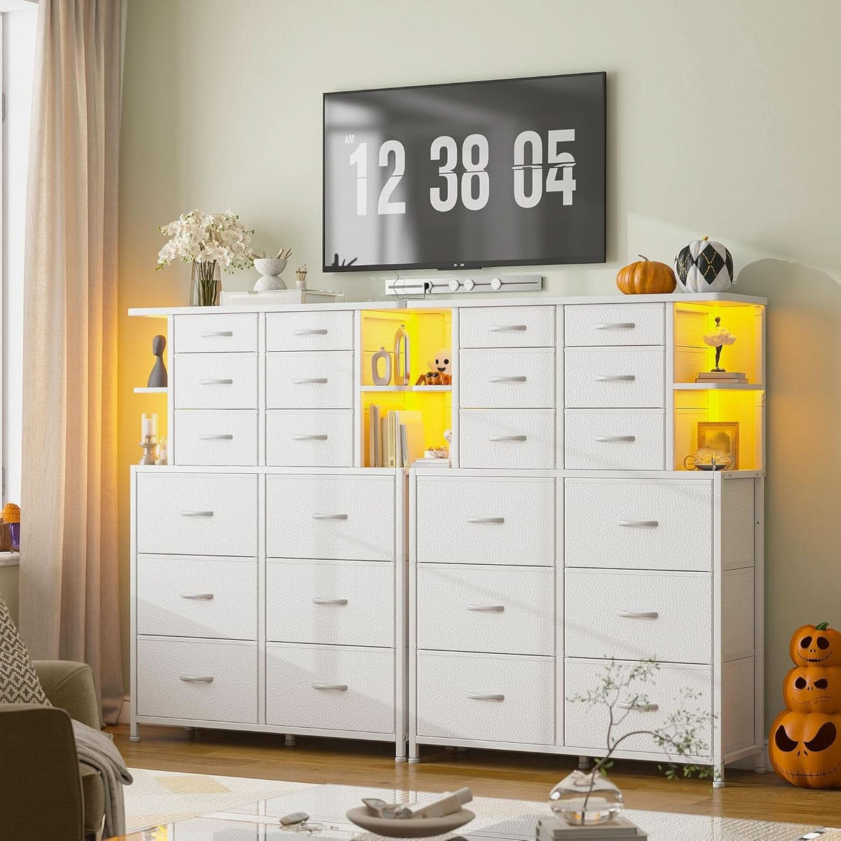 White Bedroom Dresser With LED Lights And 12 Deep Drawers