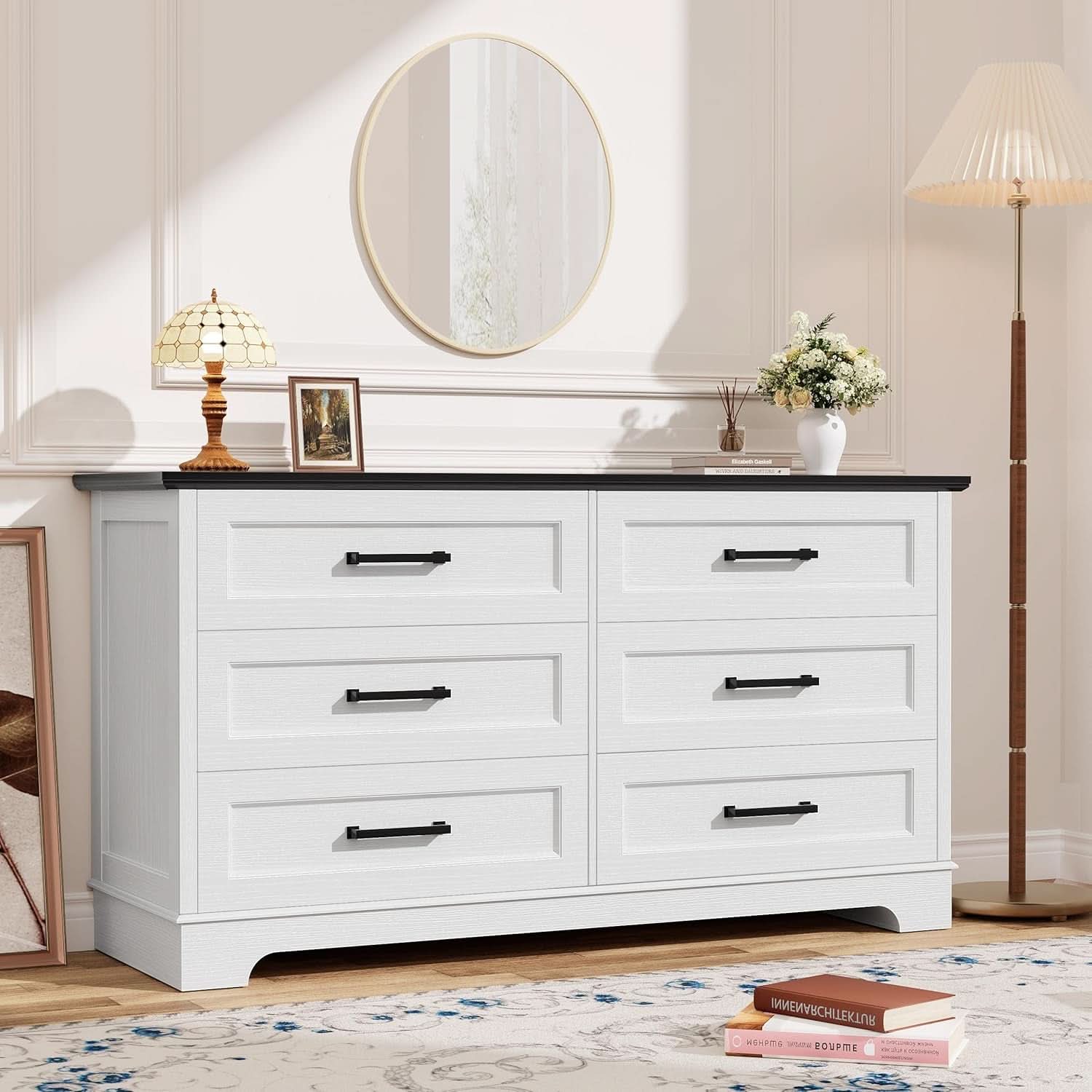 White Black Farmhouse Style Dresser With Deep Drawers