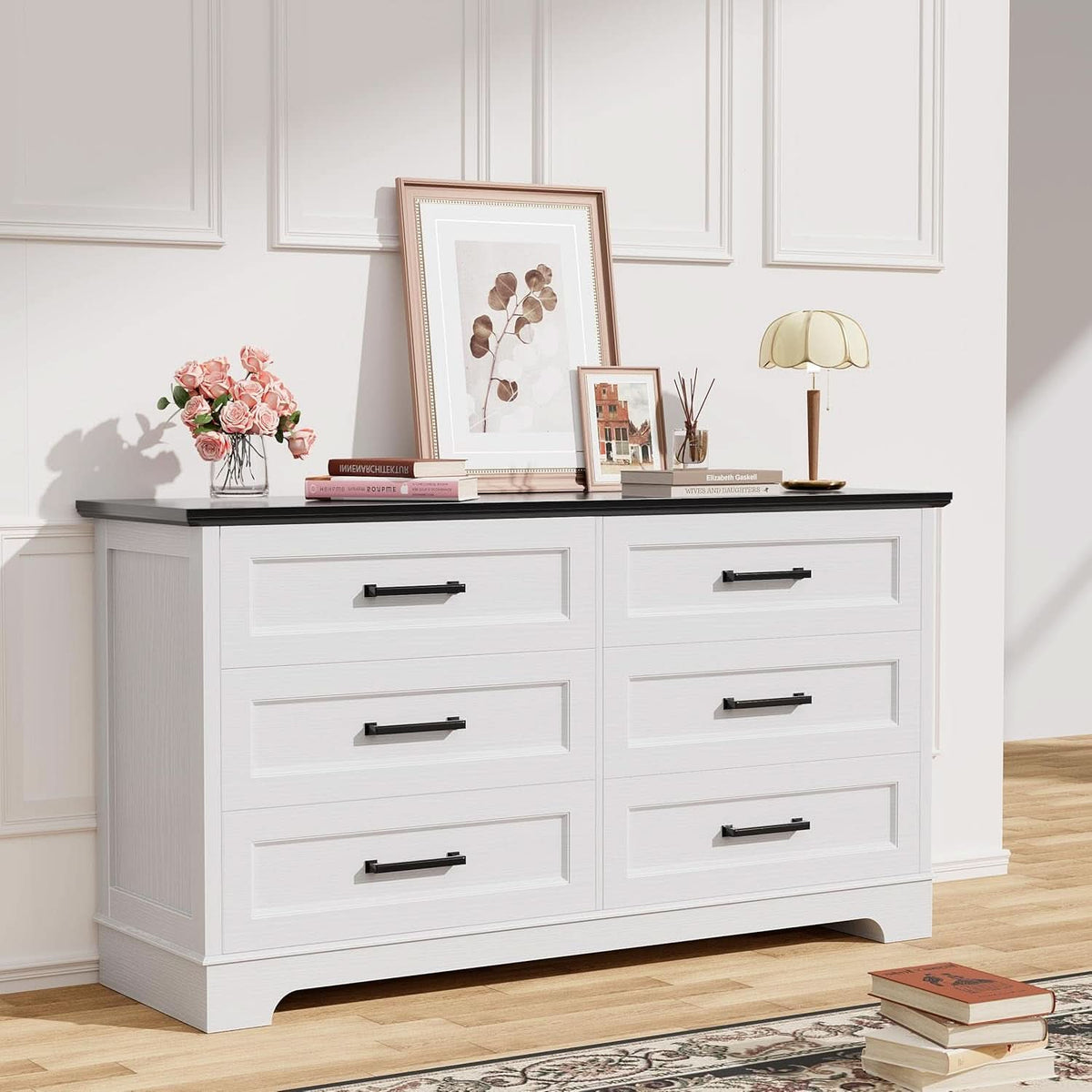 White Black Farmhouse Style Dresser With Deep Drawers