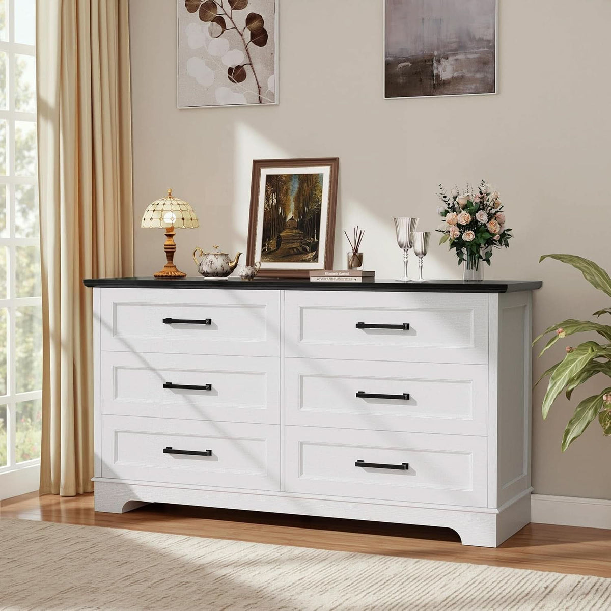White Black Farmhouse Style Dresser With Deep Drawers