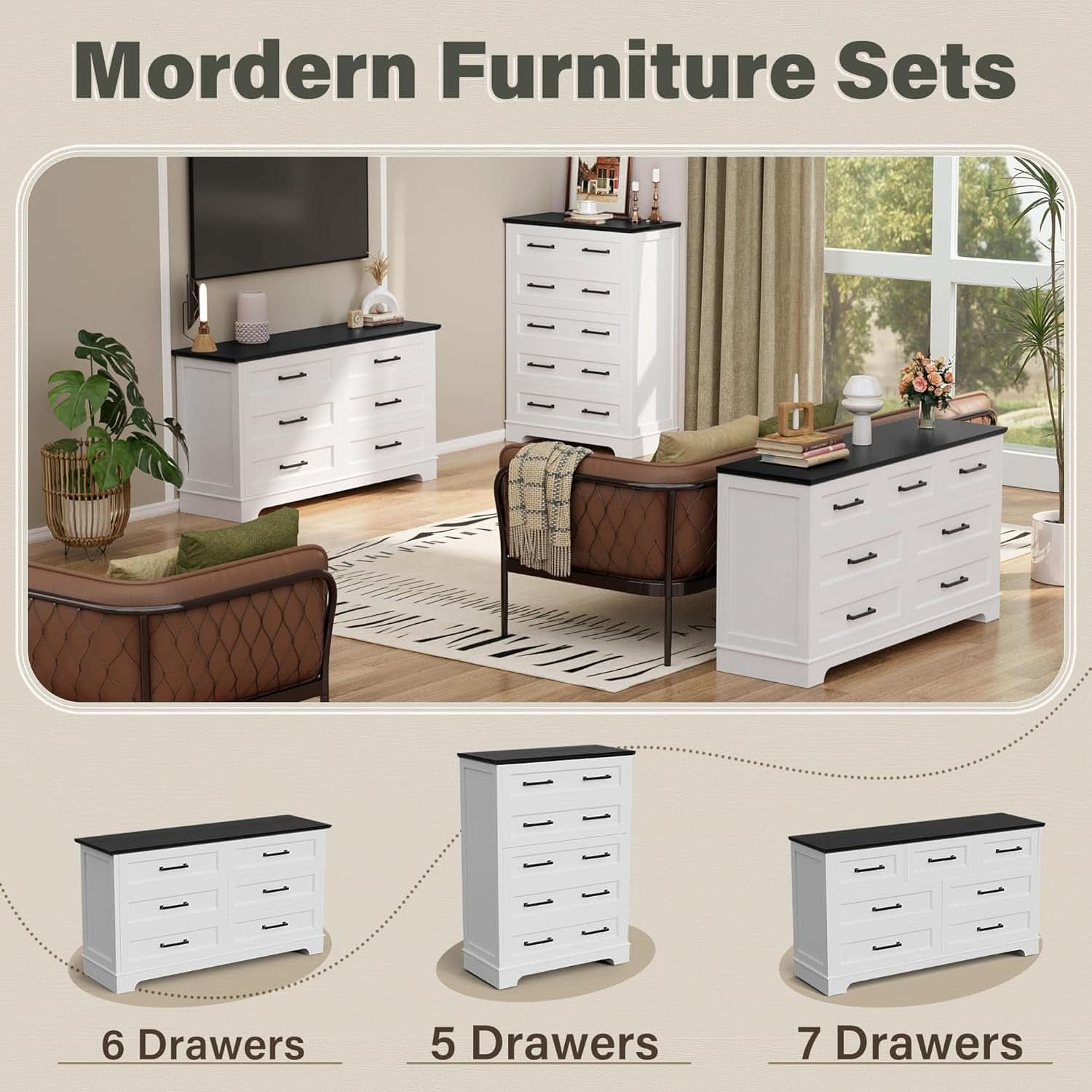 White Black Farmhouse Style Dresser With Deep Drawers