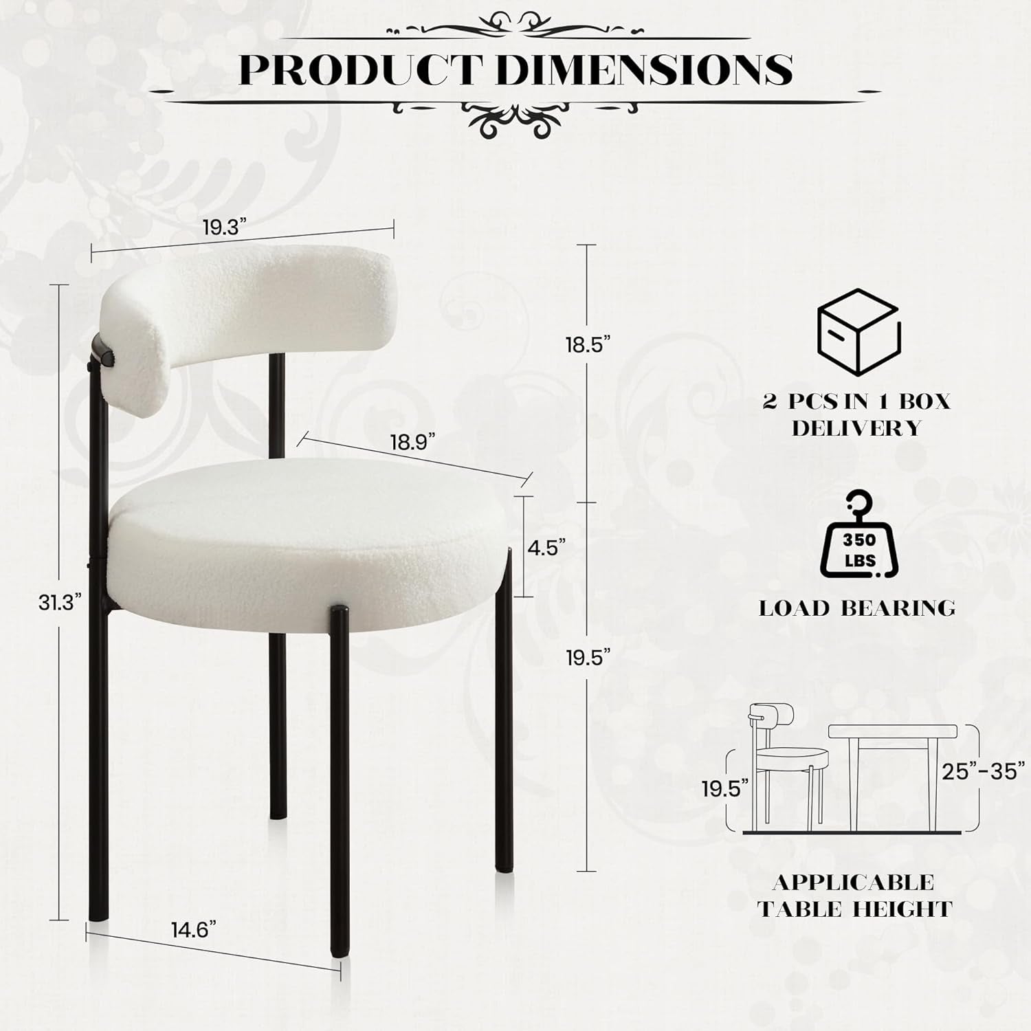 White Boucle Dining Chairs Set Of 4 With Curved Backrest For Kitchen