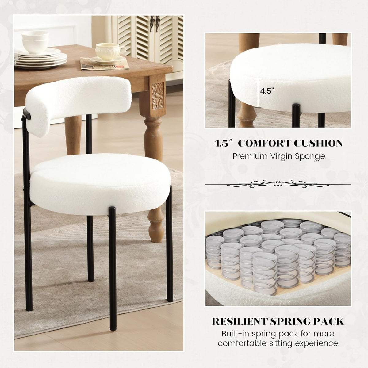 White Boucle Dining Chairs Set Of 4 With Curved Backrest For Kitchen