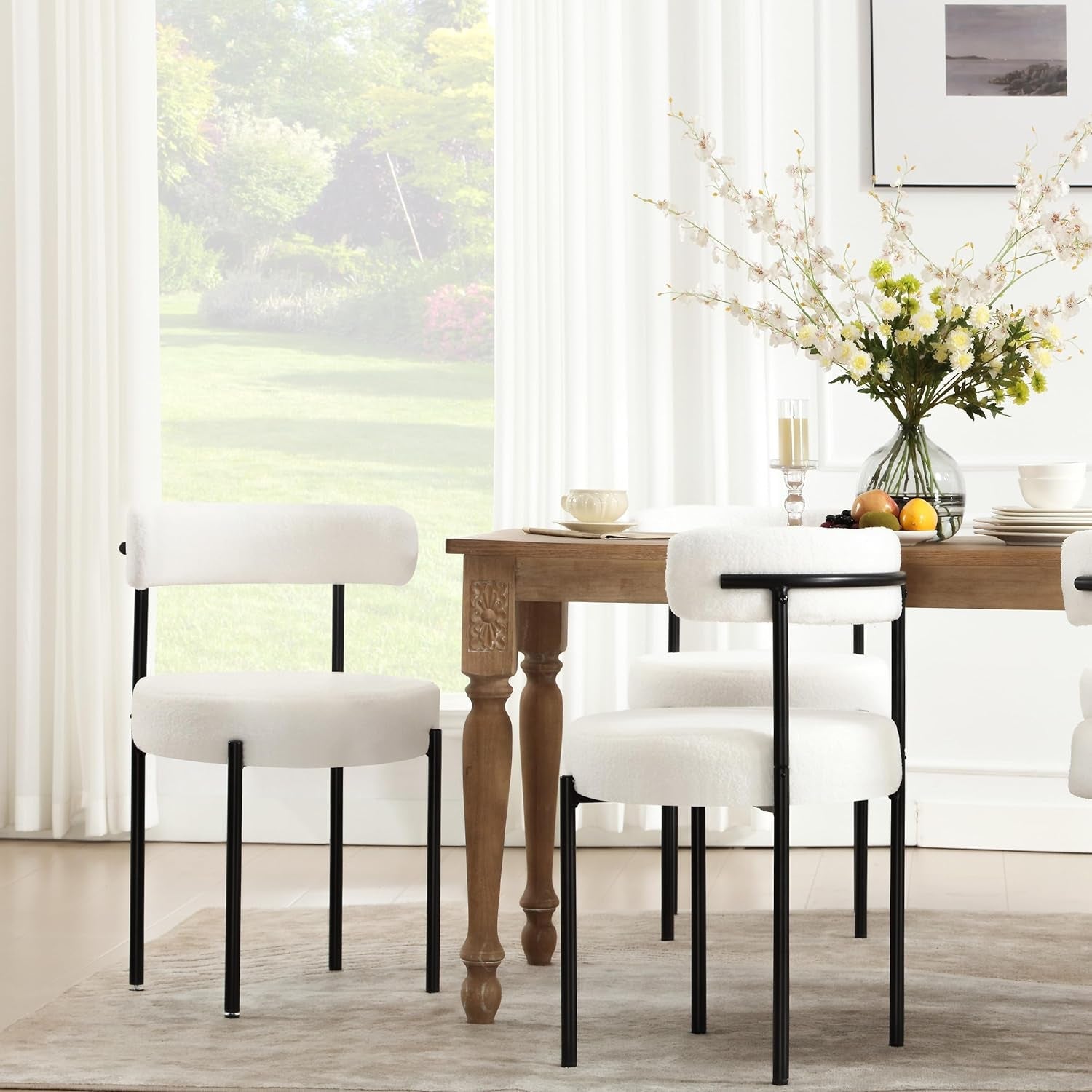 White Boucle Dining Chairs Set Of 4 With Curved Backrest For Kitchen