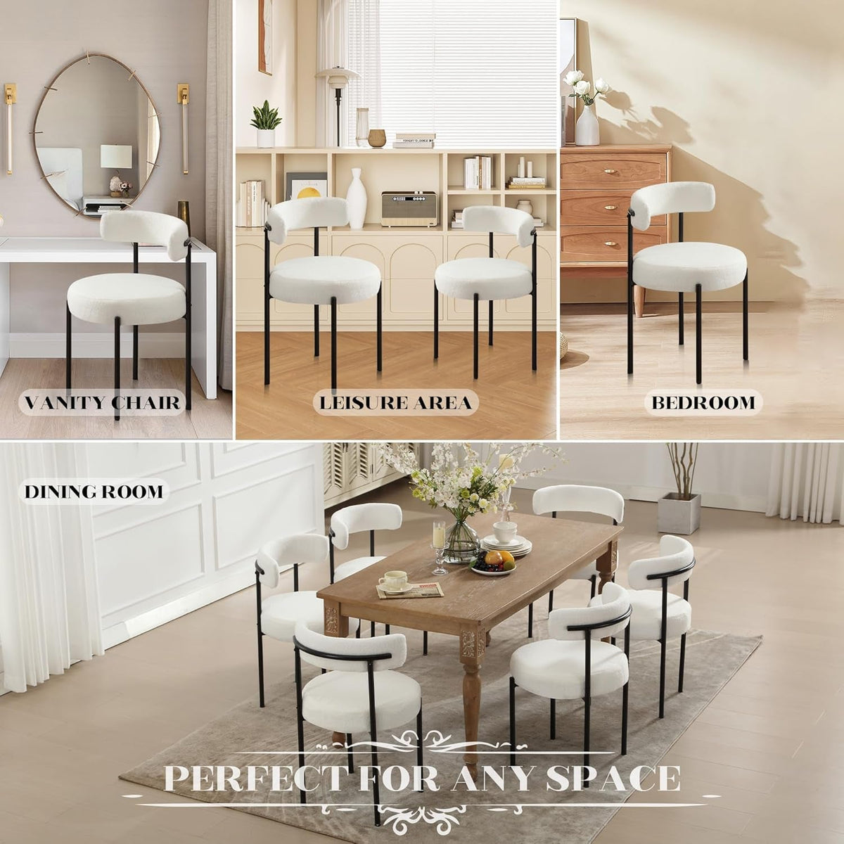 White Boucle Dining Chairs Set Of 4 With Curved Backrest For Kitchen