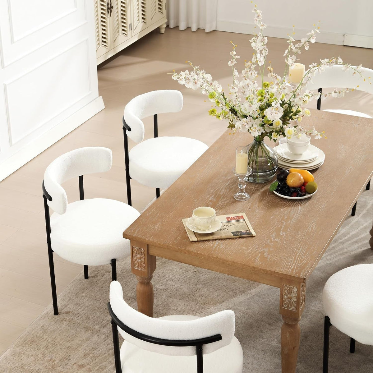 White Boucle Dining Chairs Set Of 4 With Curved Backrest For Kitchen
