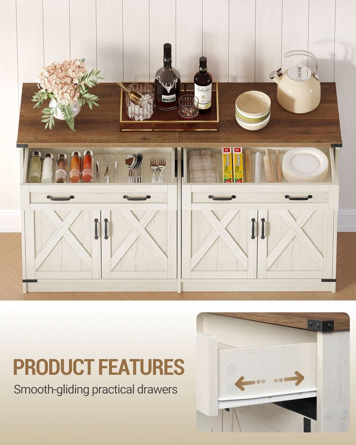 White Brown Farmhouse Buffet Cabinet Adjustable Shelves