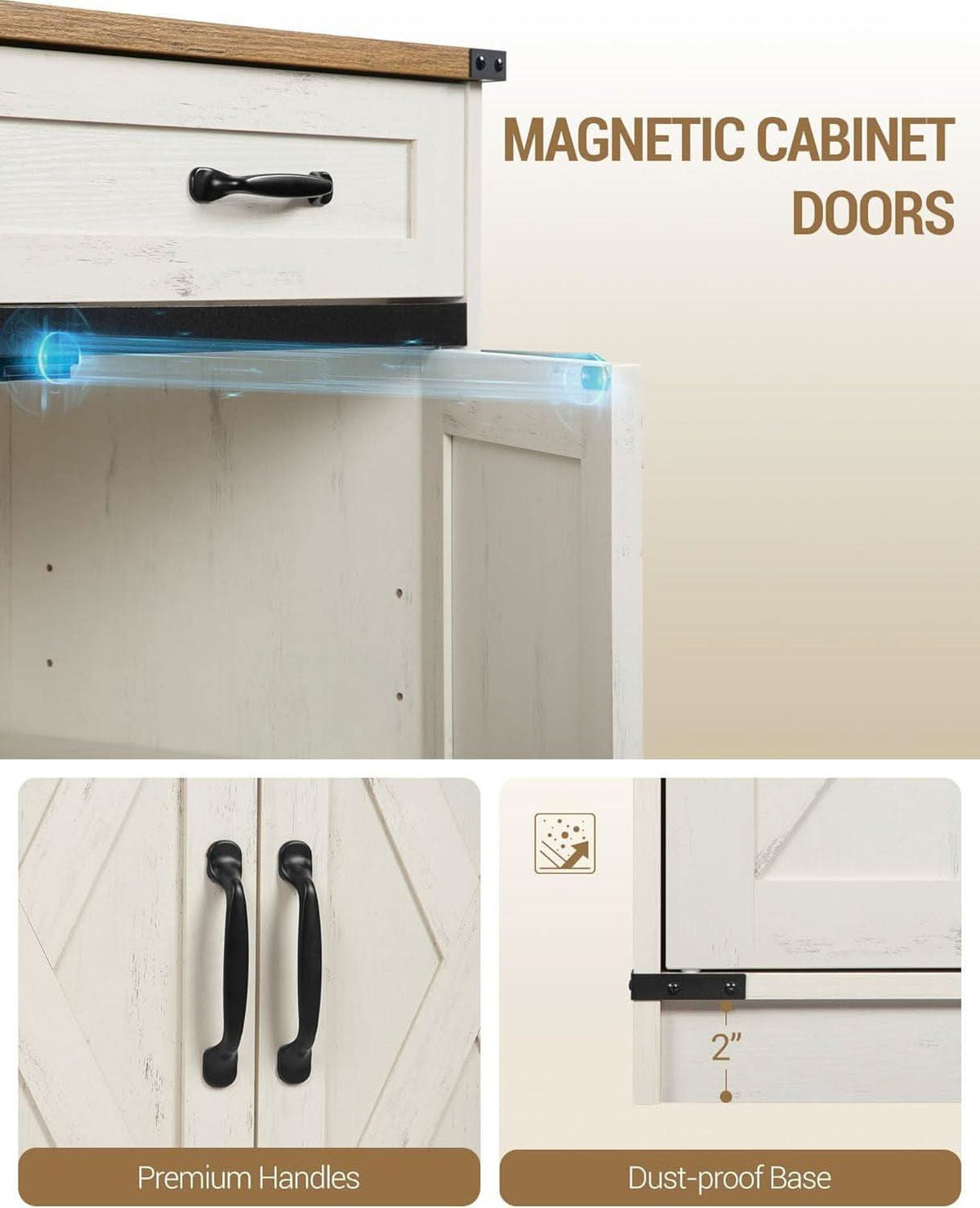 White Brown Farmhouse Buffet Cabinet Adjustable Shelves