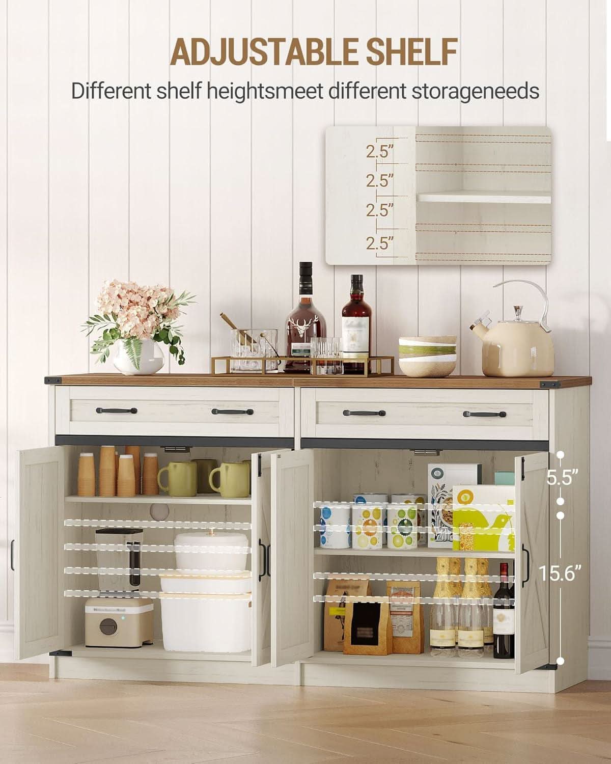 White Brown Farmhouse Buffet Cabinet Adjustable Shelves