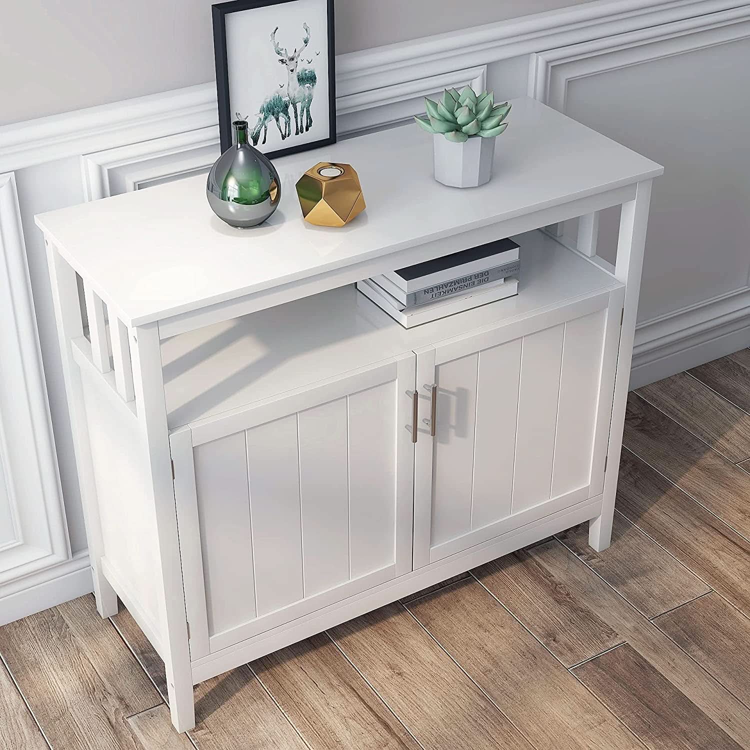 White Buffet Cabinet With 2 Doors And Adjustable Shelf