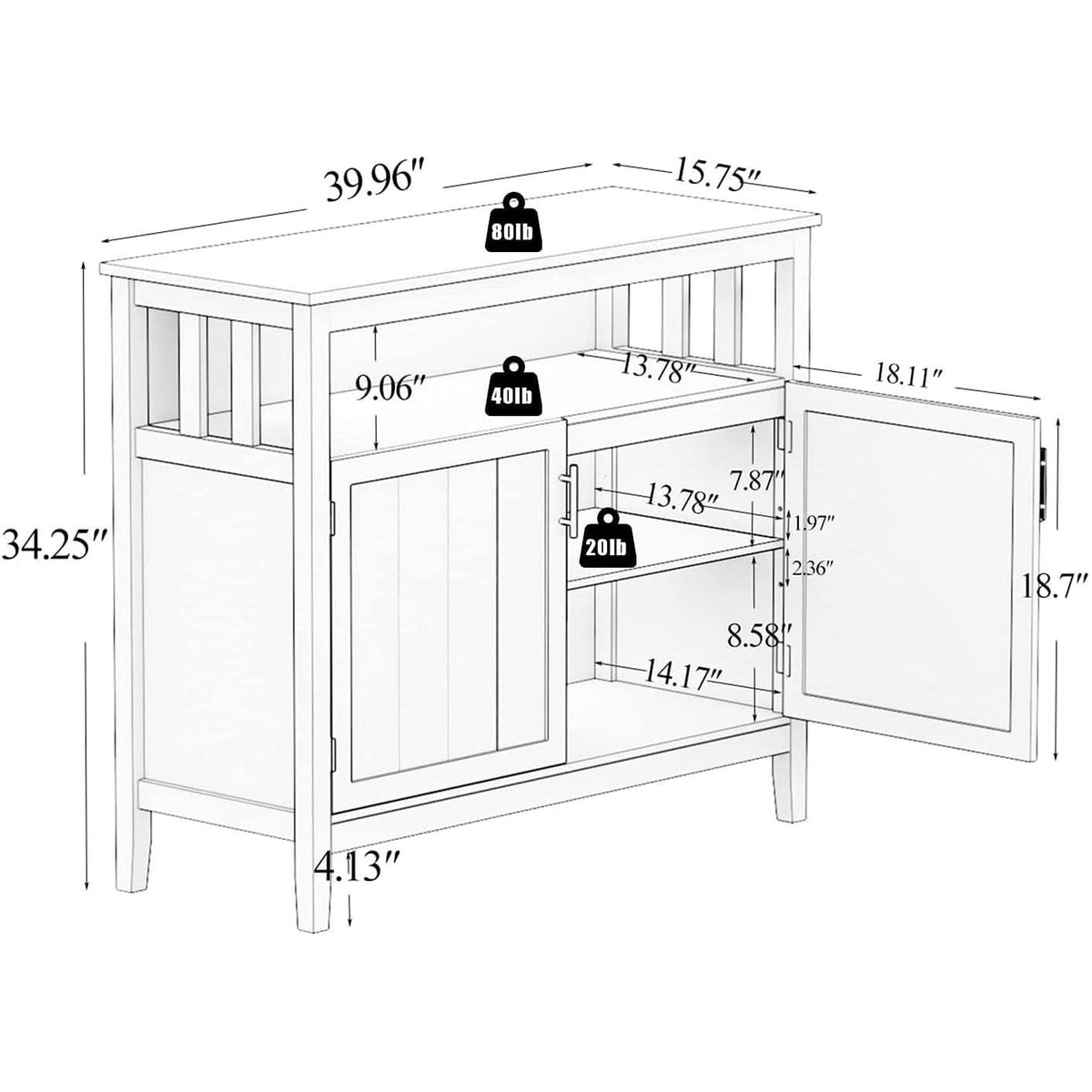 White Buffet Cabinet With 2 Doors And Adjustable Shelf
