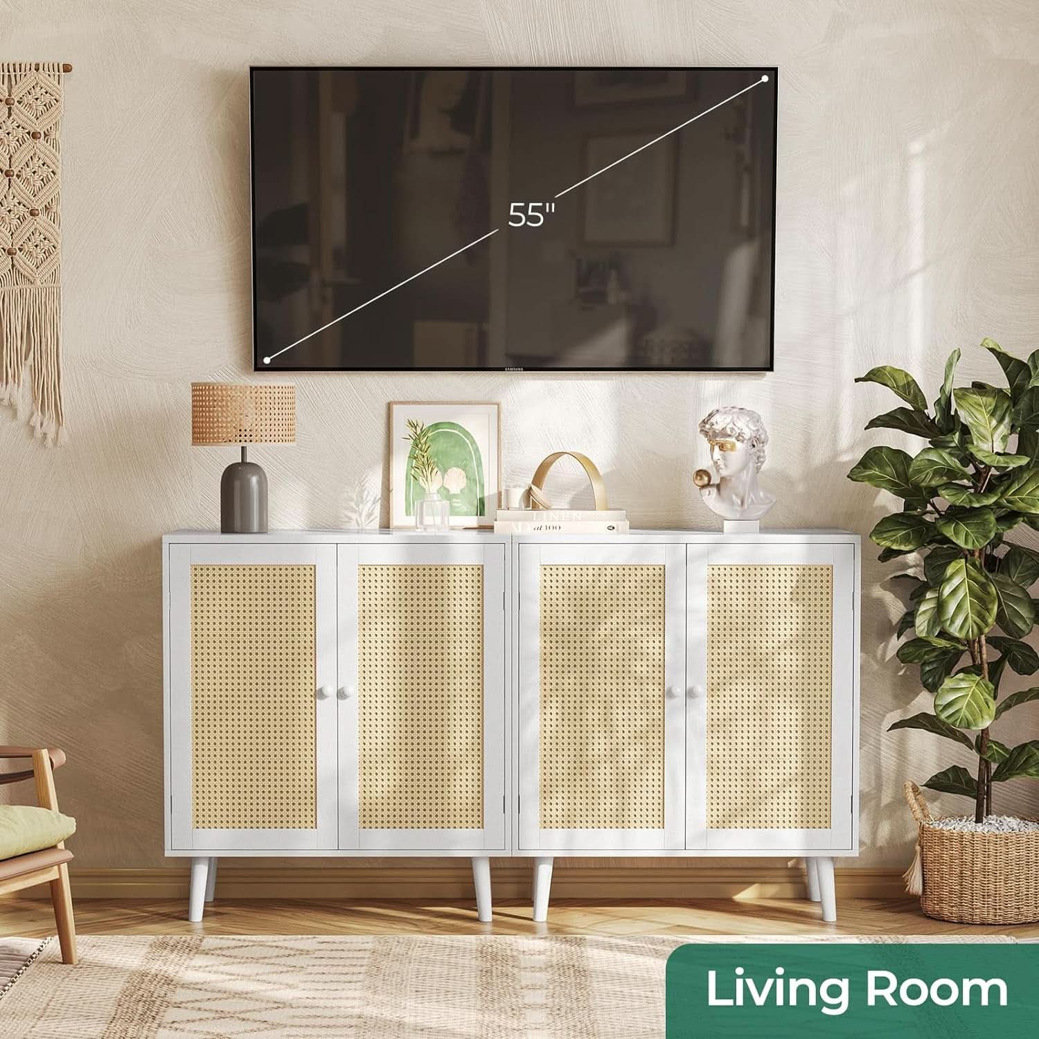 White Buffet Cabinet With Rattan Decor Doors And Storage