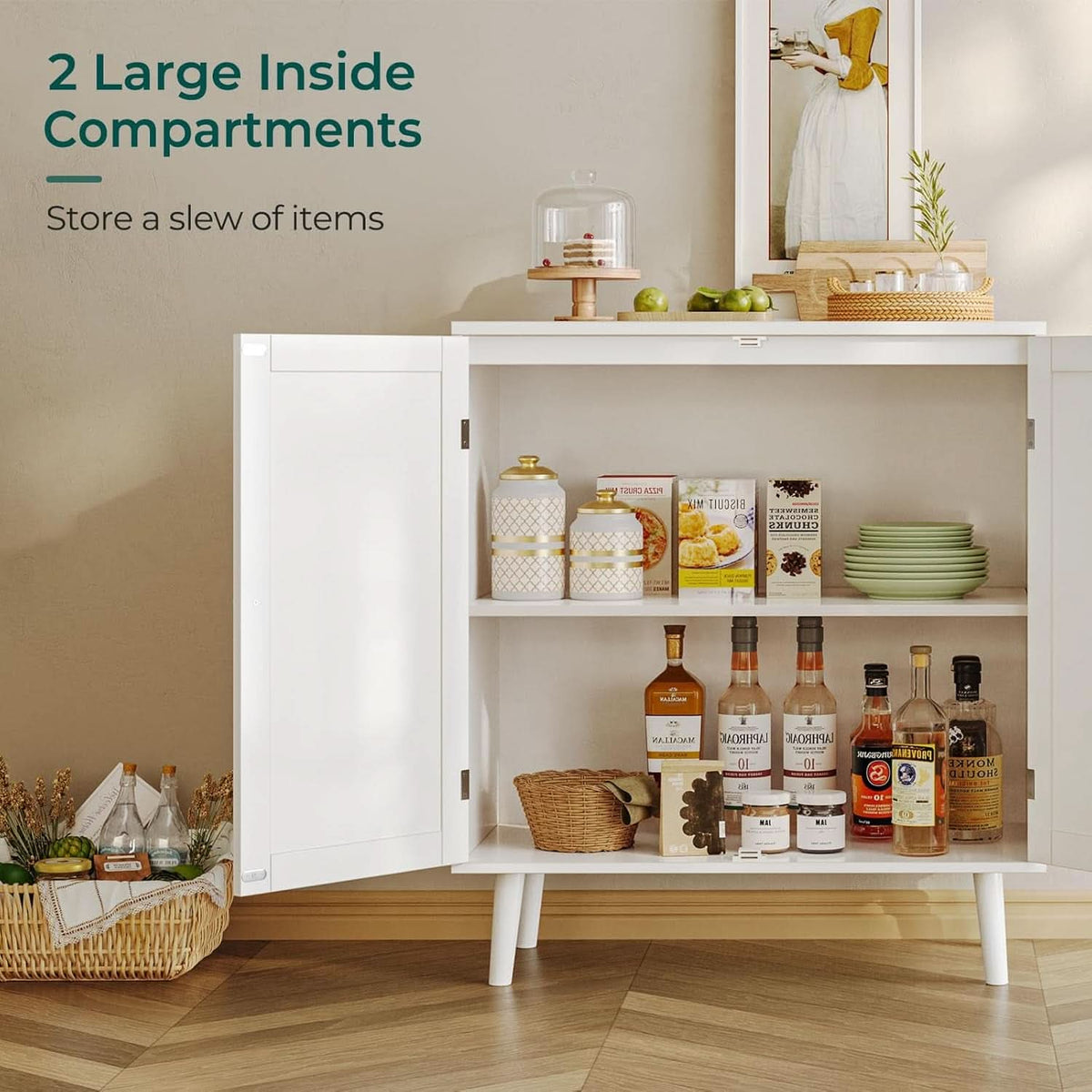 White Buffet Cabinet With Rattan Decor Doors And Storage