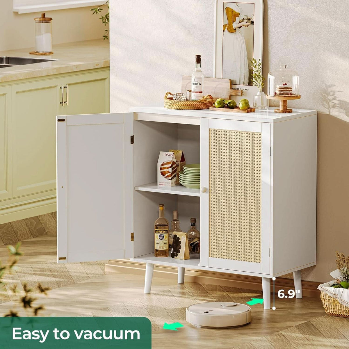 White Buffet Cabinet With Rattan Decor Doors And Storage