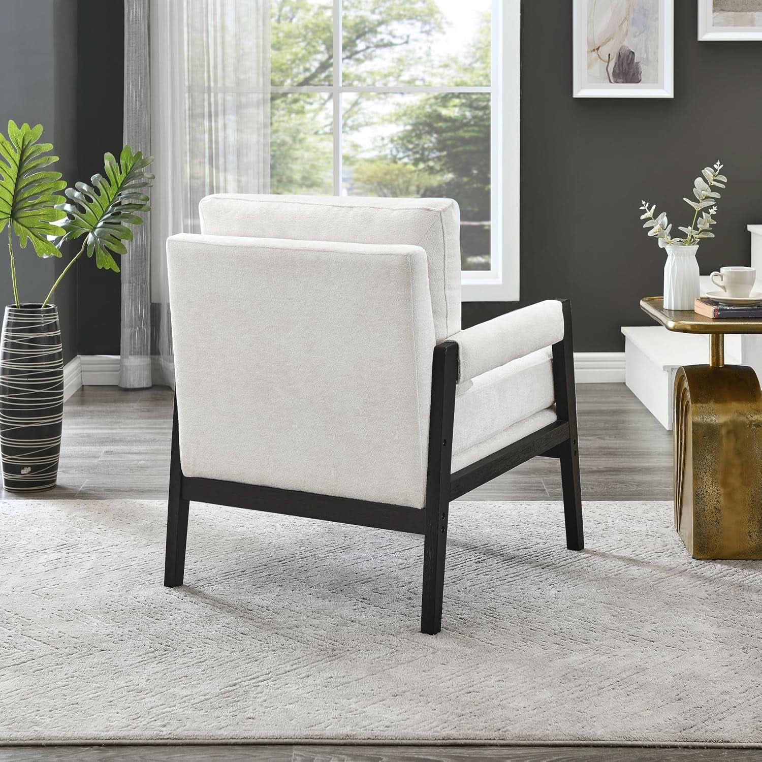 White Chenille Upholstered Mid Century Accent Armchair