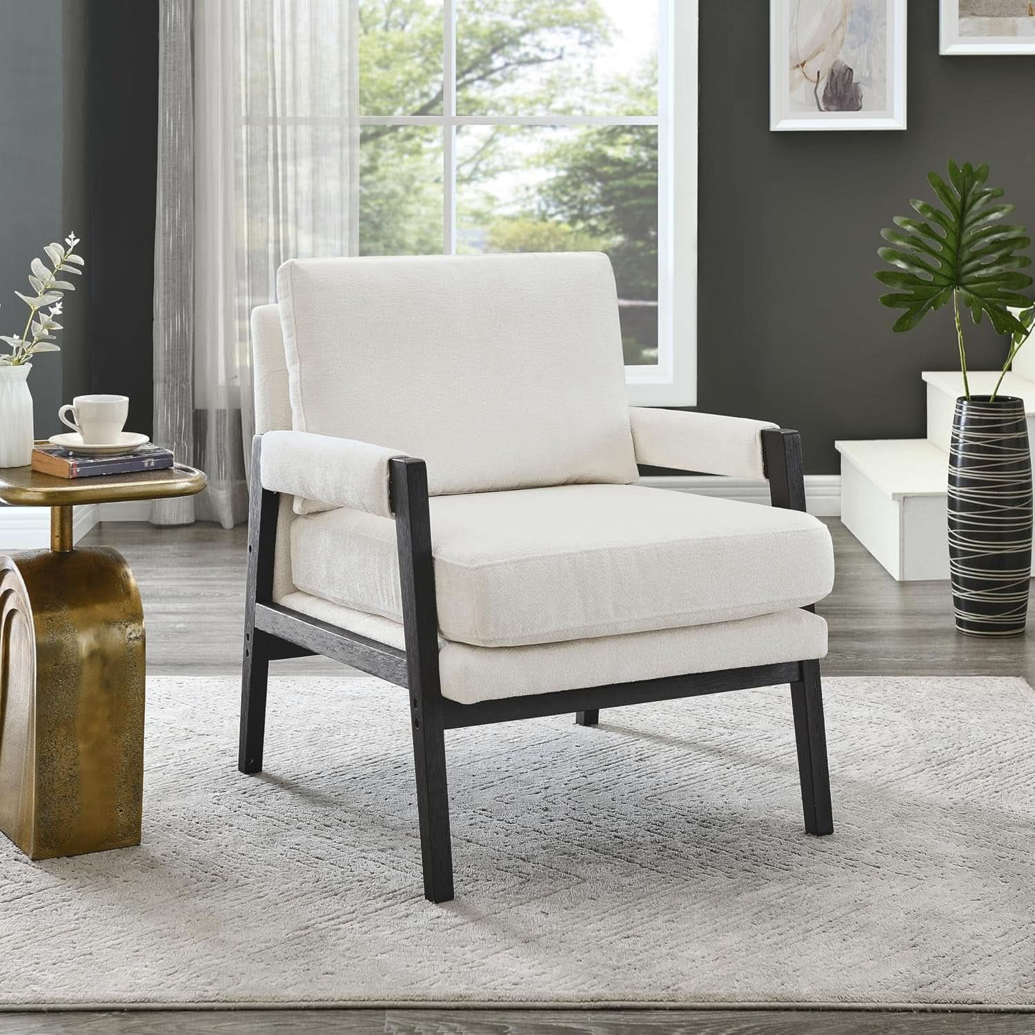 White Chenille Upholstered Mid Century Accent Armchair
