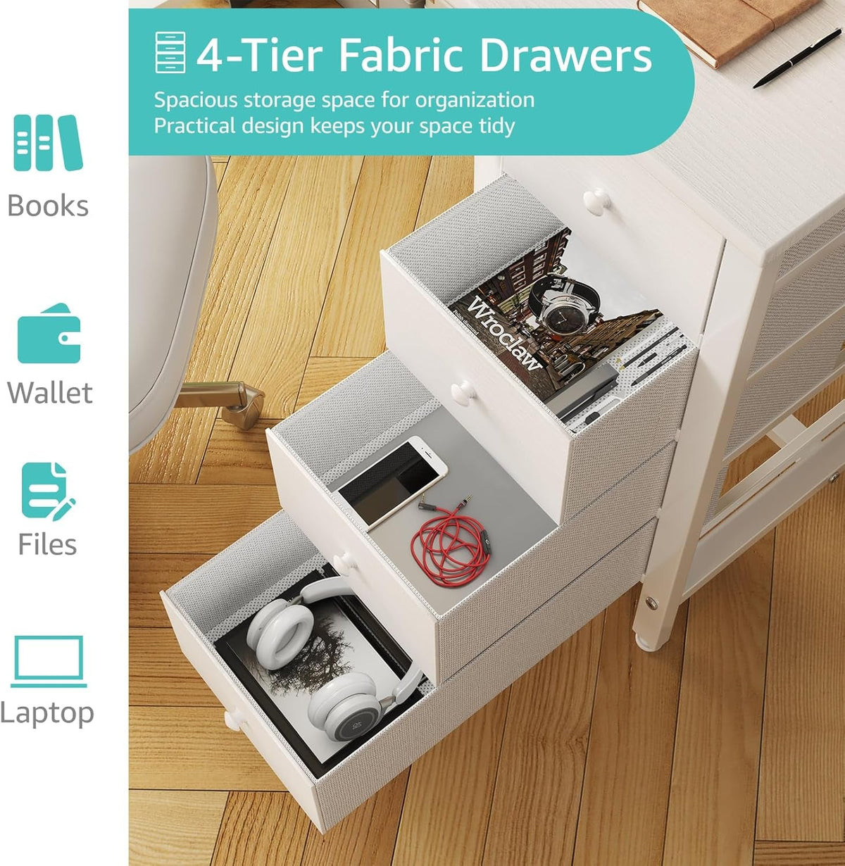 White Computer Desk With Fabric Drawers 47 Inch Reversible Study Desk