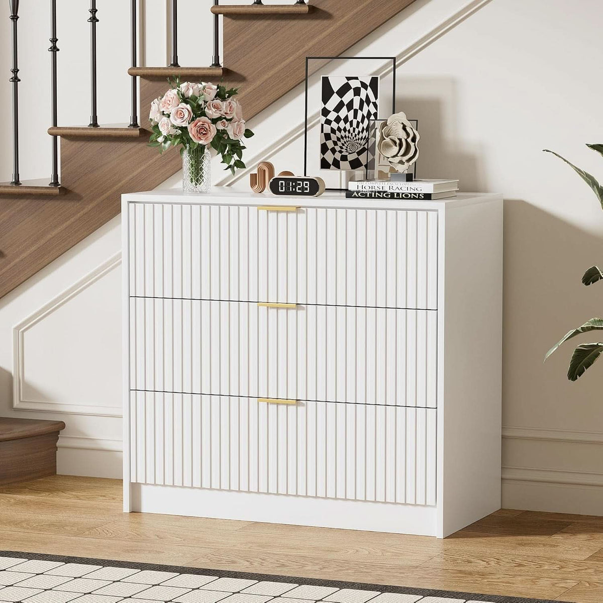 White Contemporary Dresser With Three Drawers And Fluted Panels