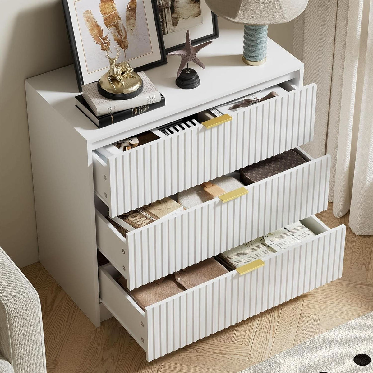 White Contemporary Dresser With Three Drawers And Fluted Panels