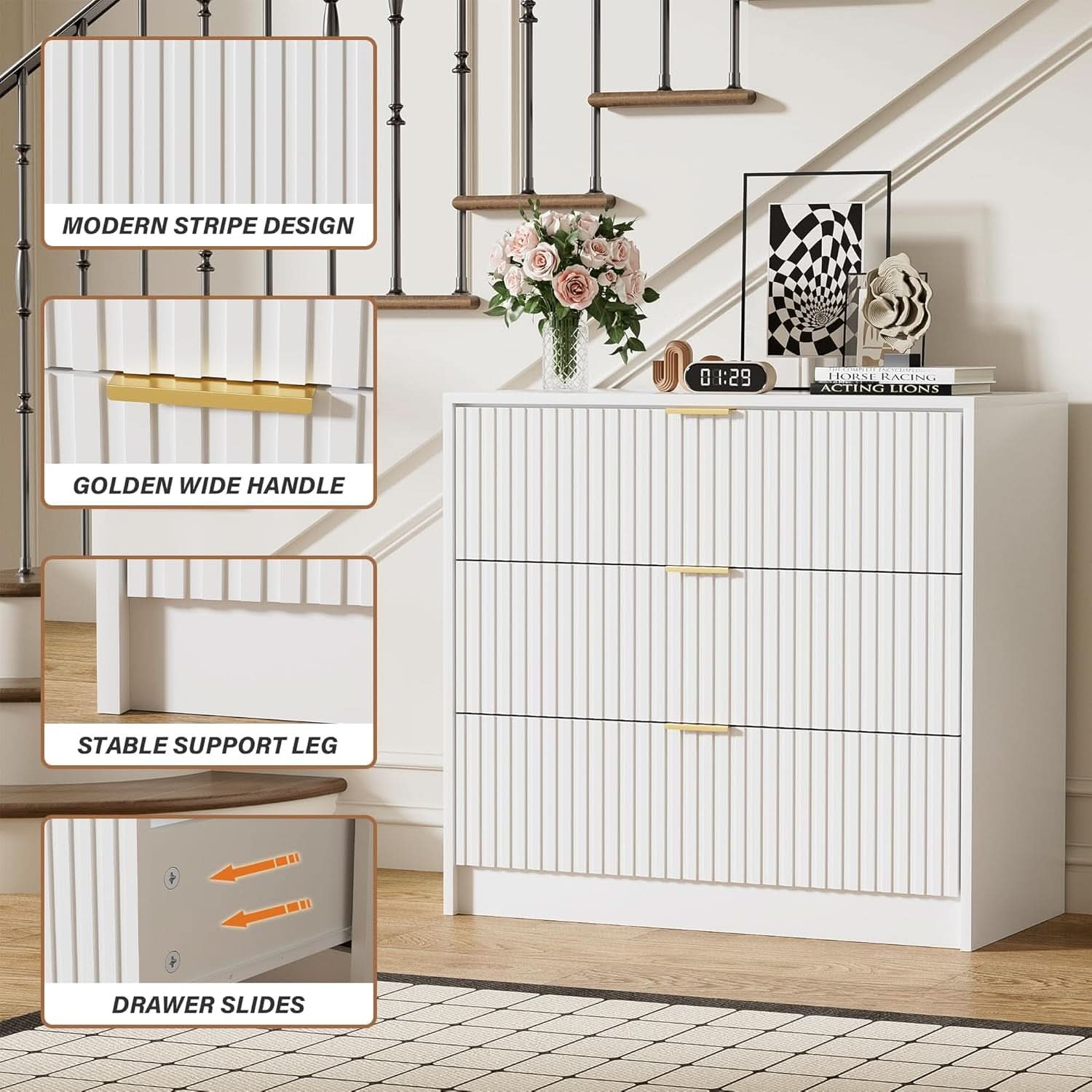 White Contemporary Dresser With Three Drawers And Fluted Panels
