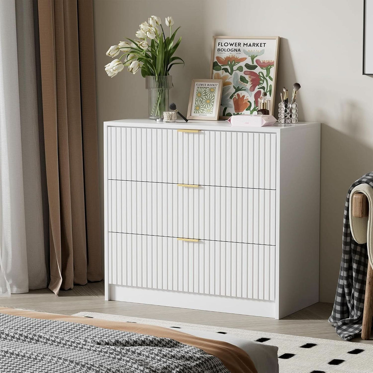 White Contemporary Dresser With Three Drawers And Fluted Panels