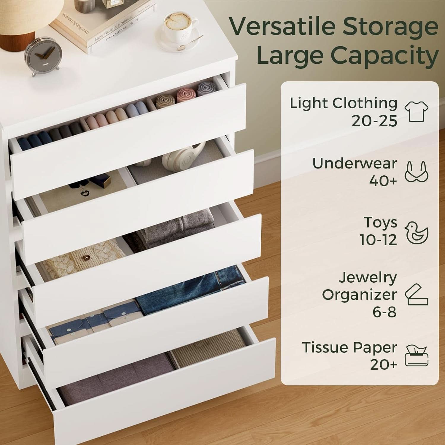 White Contemporary Solid Wood Dresser Five Drawers