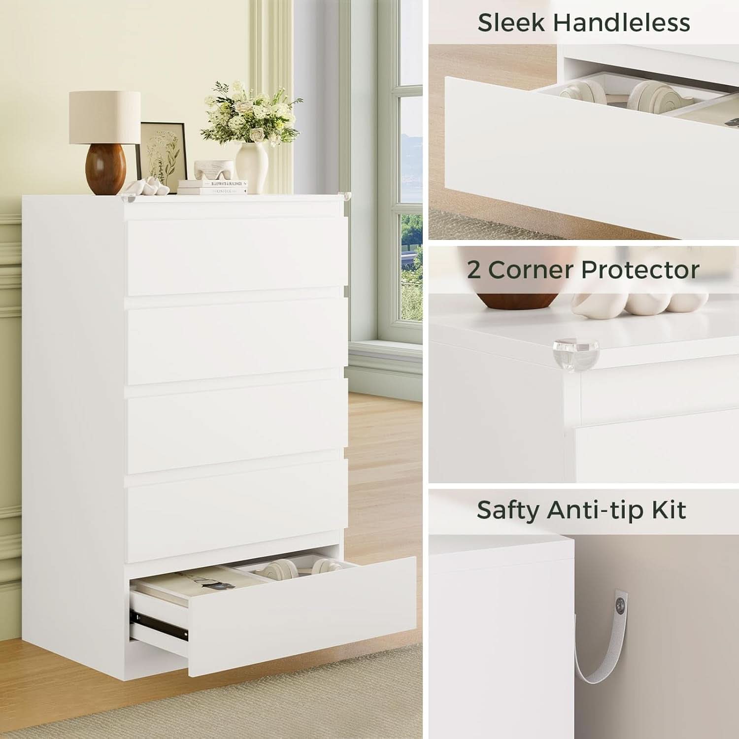 White Contemporary Solid Wood Dresser Five Drawers