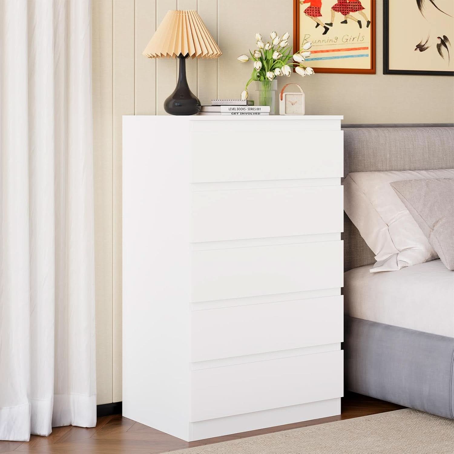 White Contemporary Solid Wood Dresser Five Drawers