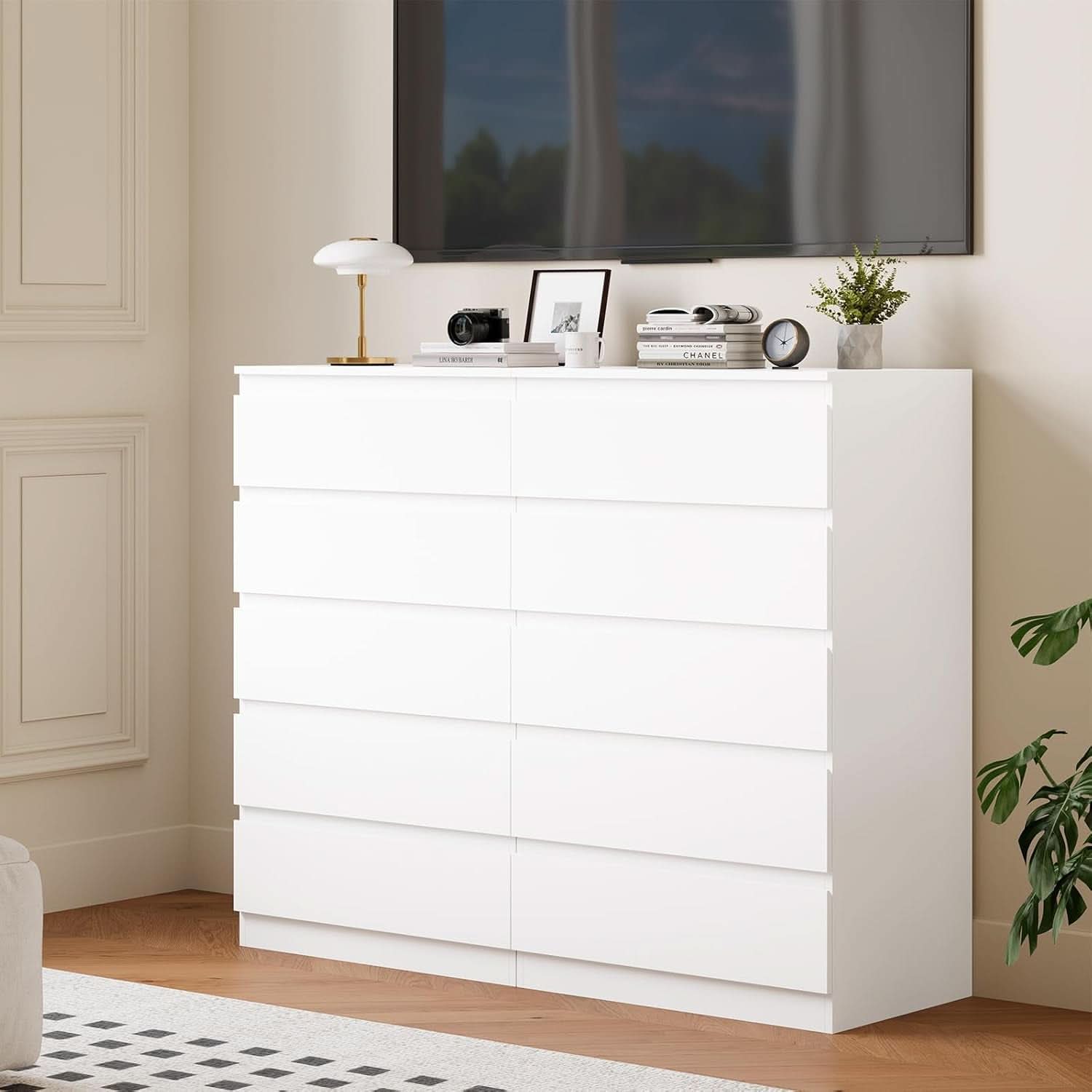 White Contemporary Solid Wood Dresser Five Drawers