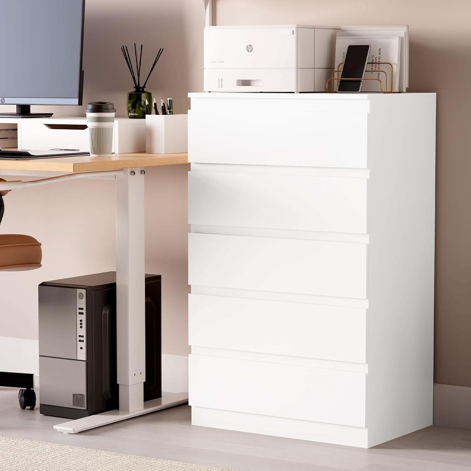White Contemporary Solid Wood Dresser Five Drawers