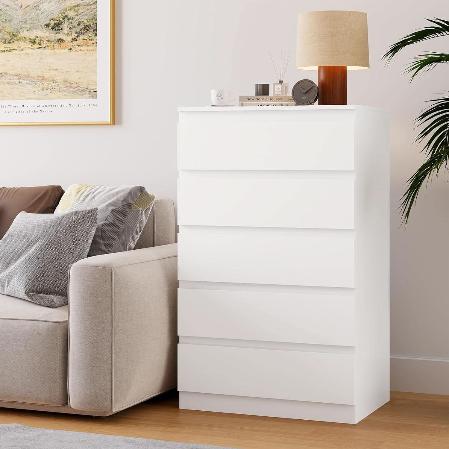 White Contemporary Solid Wood Dresser Five Drawers
