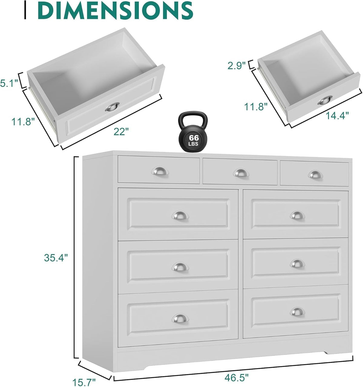 White Contemporary Wooden Dresser With Nine Deep Drawers
