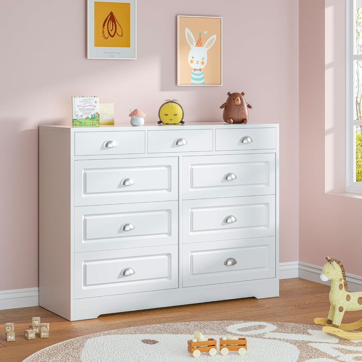 White Contemporary Wooden Dresser With Nine Deep Drawers