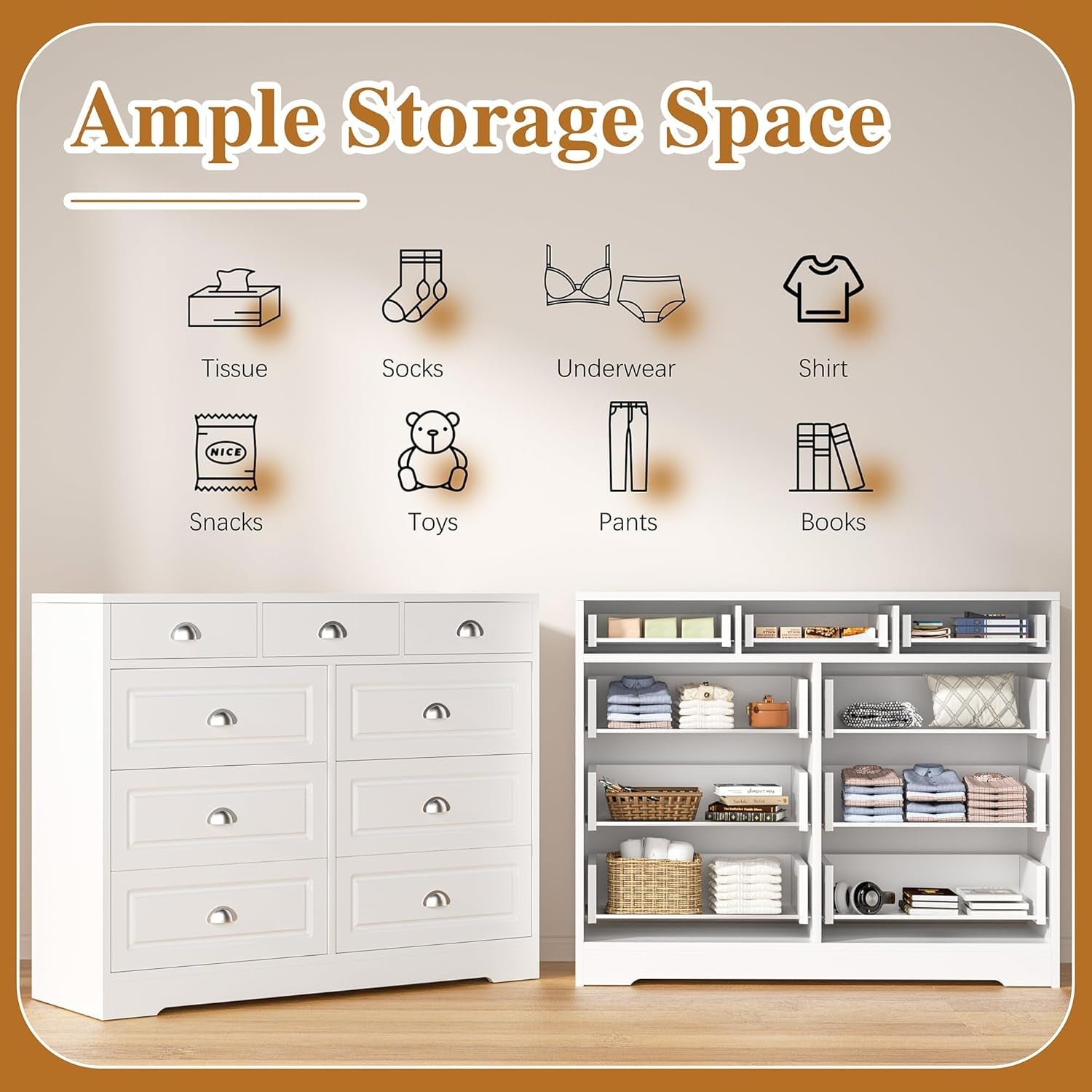 White Contemporary Wooden Dresser With Nine Deep Drawers
