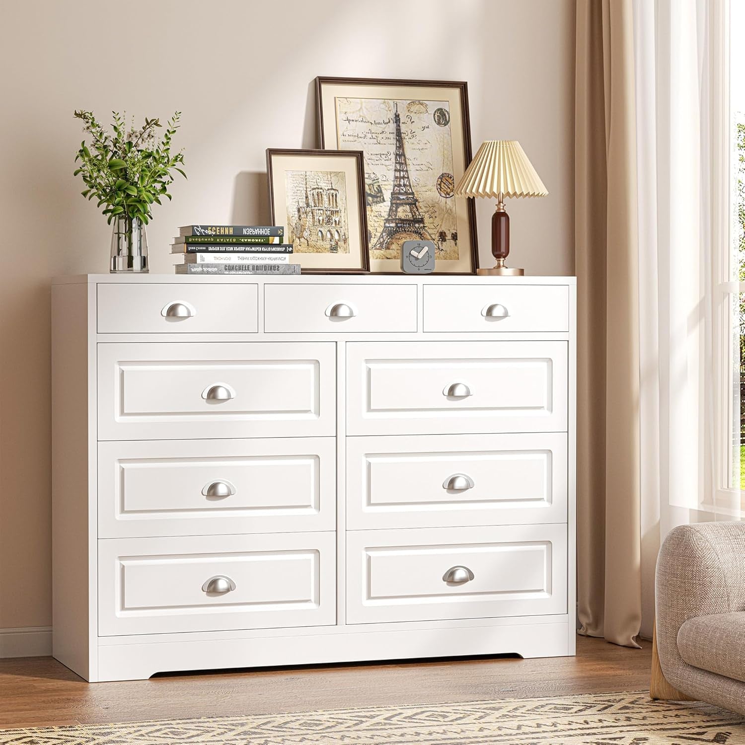 White Contemporary Wooden Dresser With Nine Deep Drawers