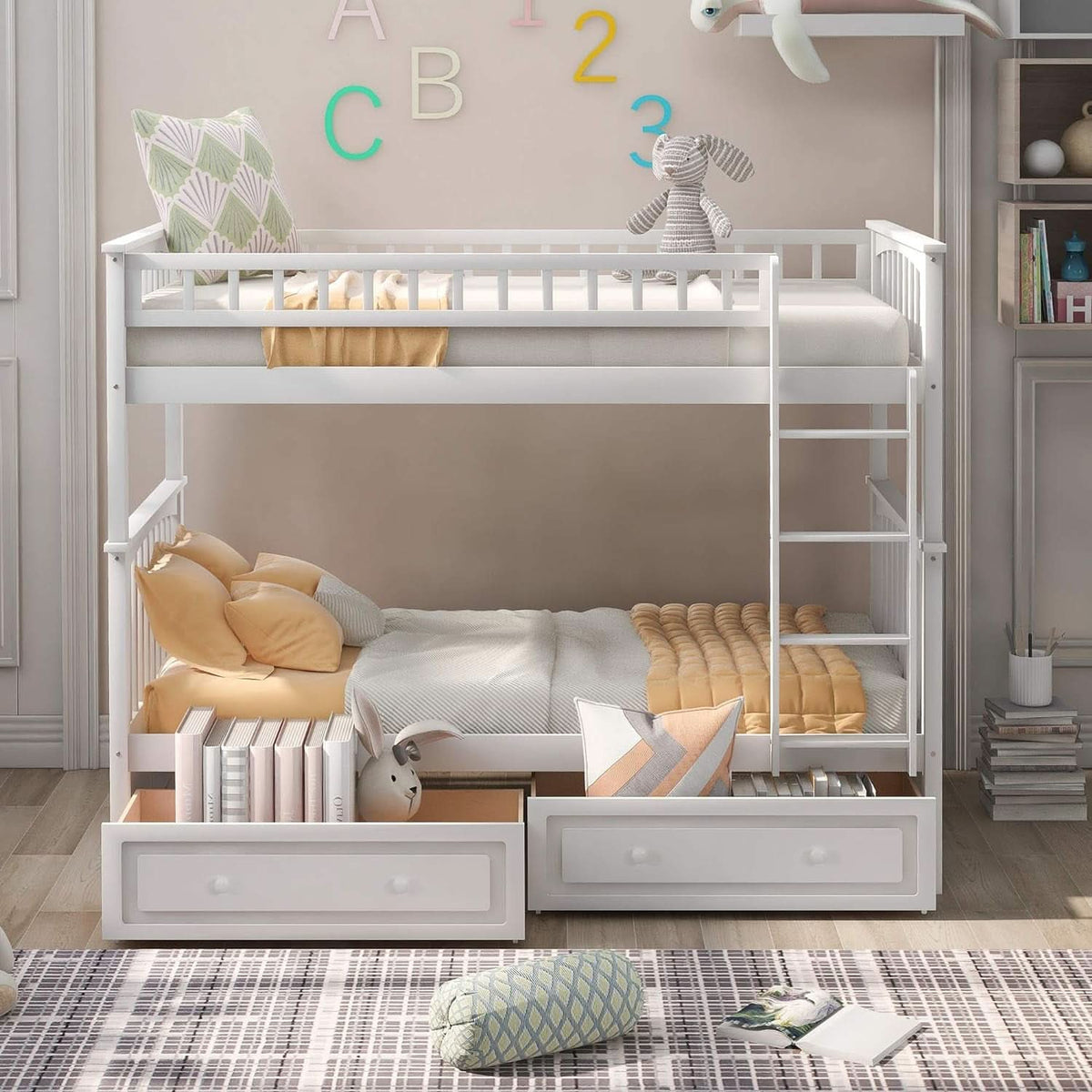 White Convertible Wood Twin Over Twin Bunk Bed With Storage Drawers