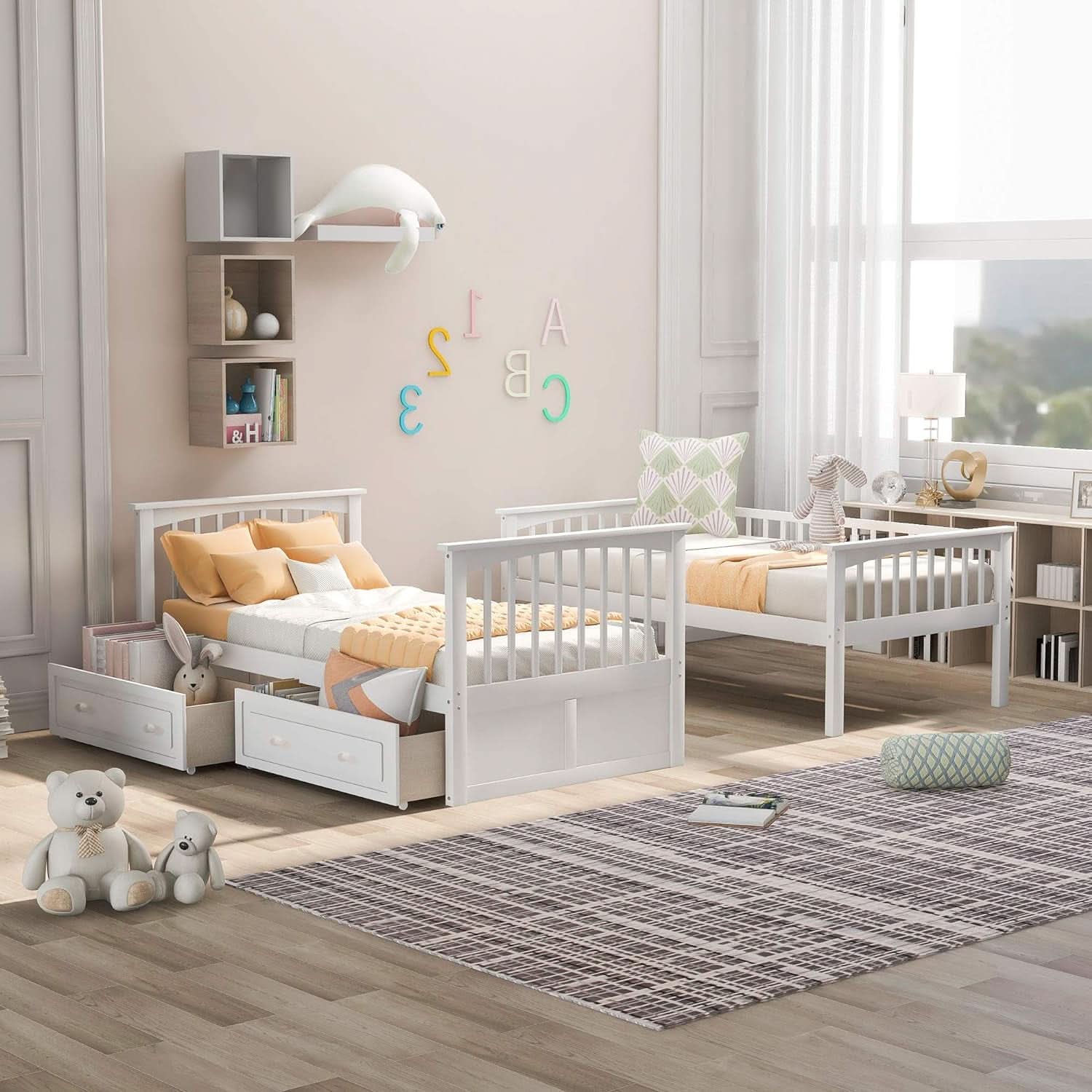White Convertible Wood Twin Over Twin Bunk Bed With Storage Drawers