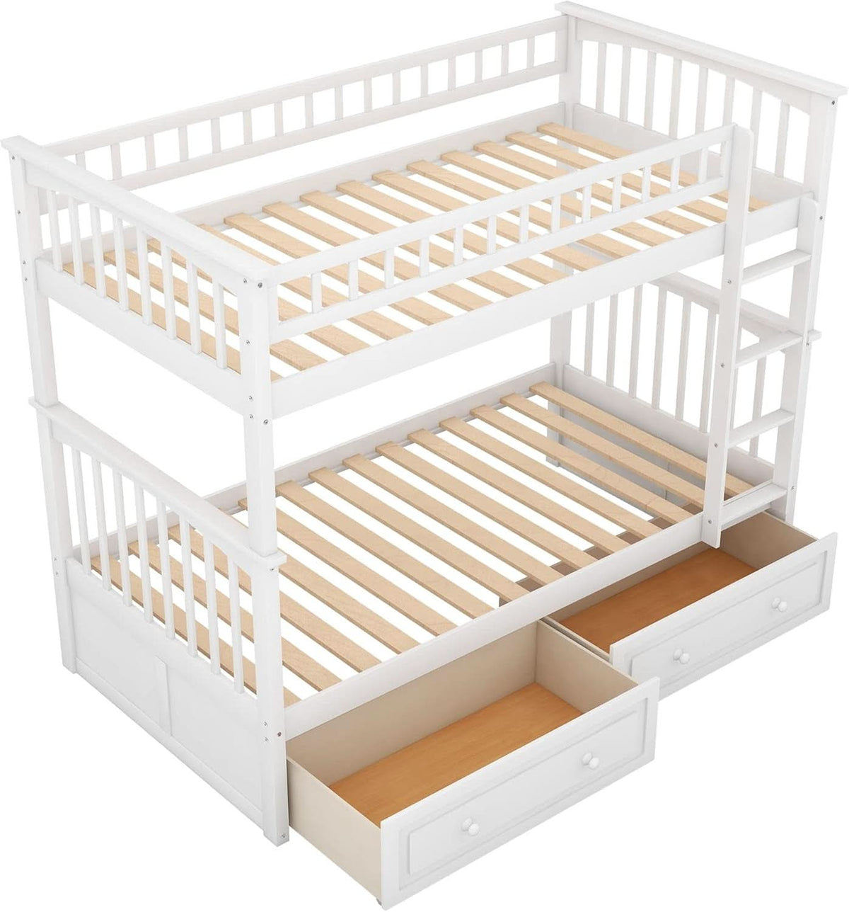 White Convertible Wood Twin Over Twin Bunk Bed With Storage Drawers