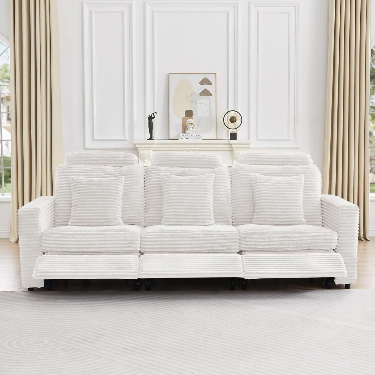 White Corduroy 3 Seater Power Recliner Sofa Side Pockets