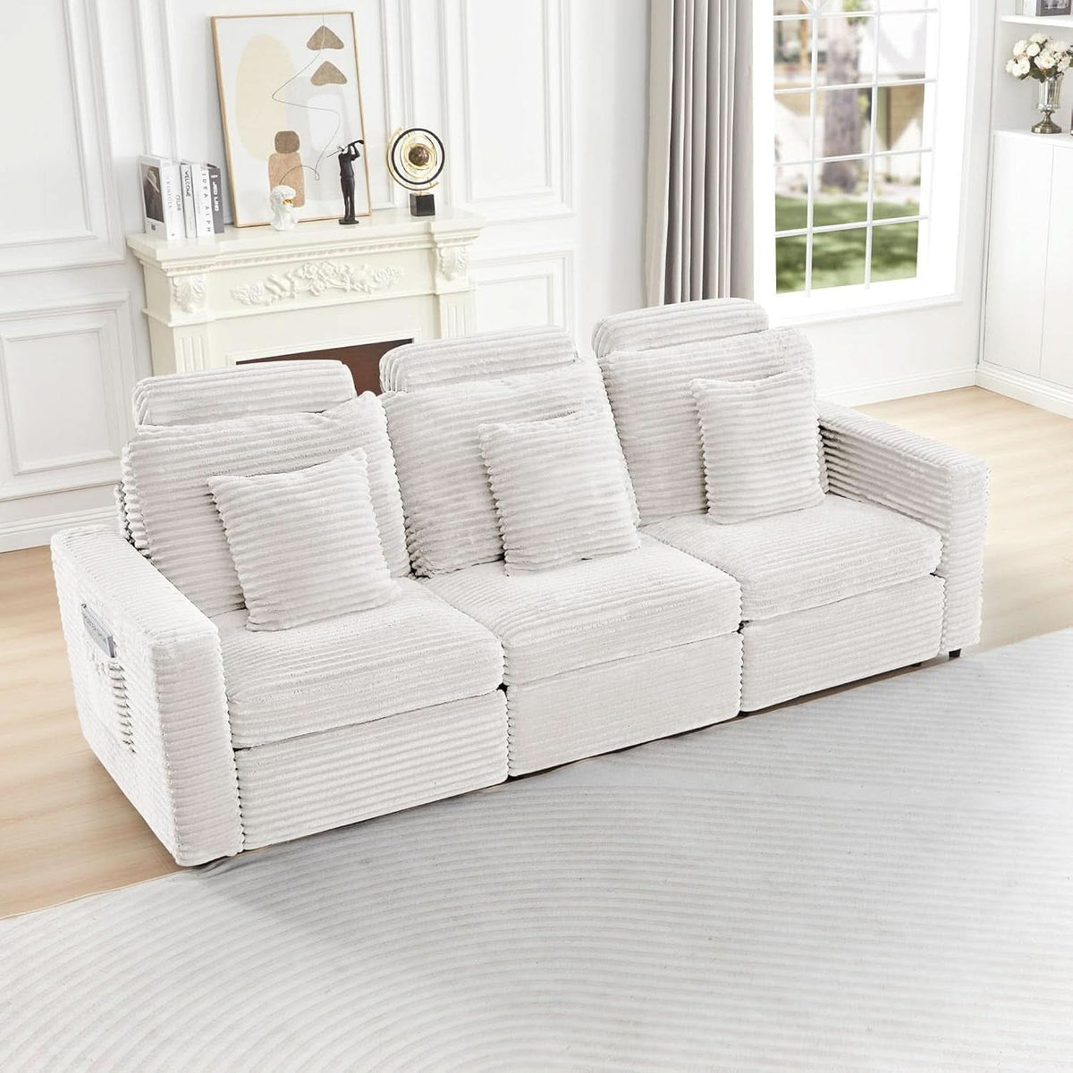 White Corduroy 3 Seater Power Recliner Sofa Side Pockets