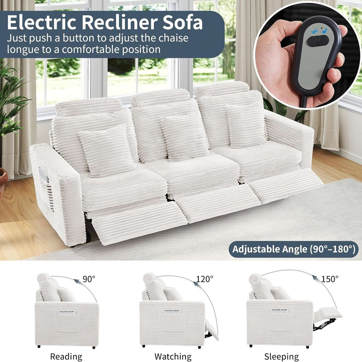 White Corduroy 3 Seater Power Recliner Sofa Side Pockets