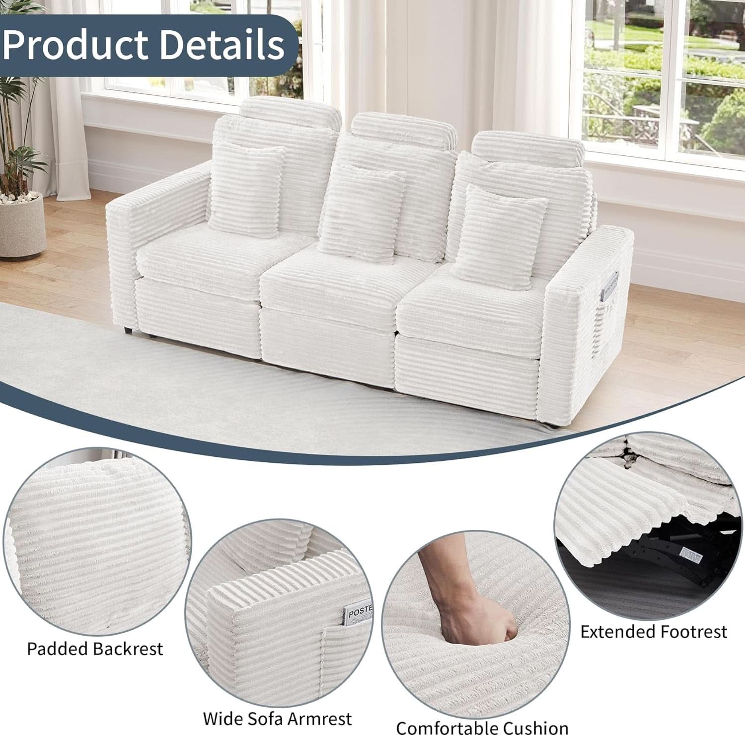 White Corduroy 3 Seater Power Recliner Sofa Side Pockets