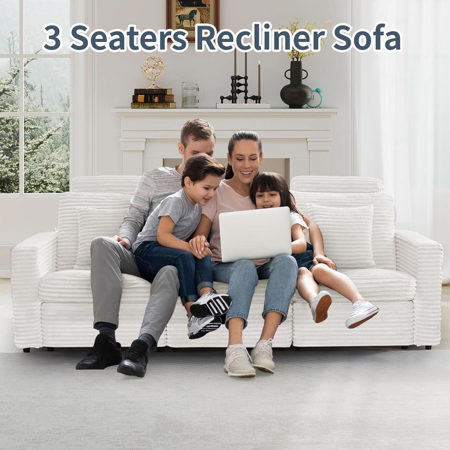 White Corduroy 3 Seater Power Recliner Sofa Side Pockets